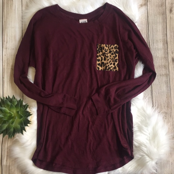 PINK Victoria's Secret Tops - PINK | Maroon Long Sleeve w Leopard Print Pocket